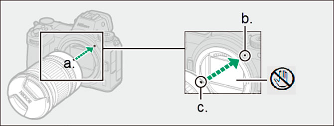 a) Alinear las marcas de montaje - b) Marca de montaje (c�mara) - c) Marca de montaje (lente)